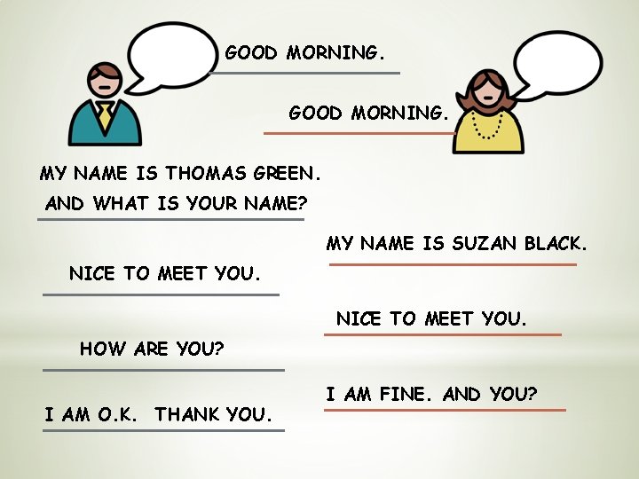 GOOD MORNING. MY NAME IS THOMAS GREEN. AND WHAT IS YOUR NAME? MY NAME