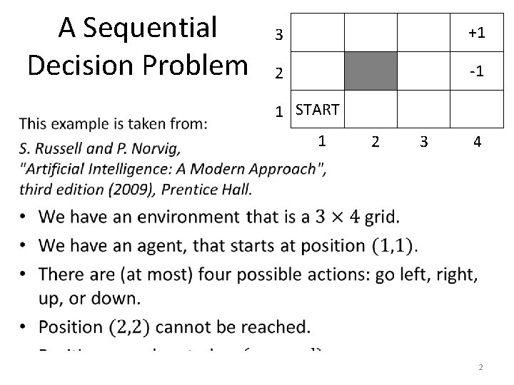 A Sequential Decision Problem 3 +1 2 -1 1 START 1 2 3 4