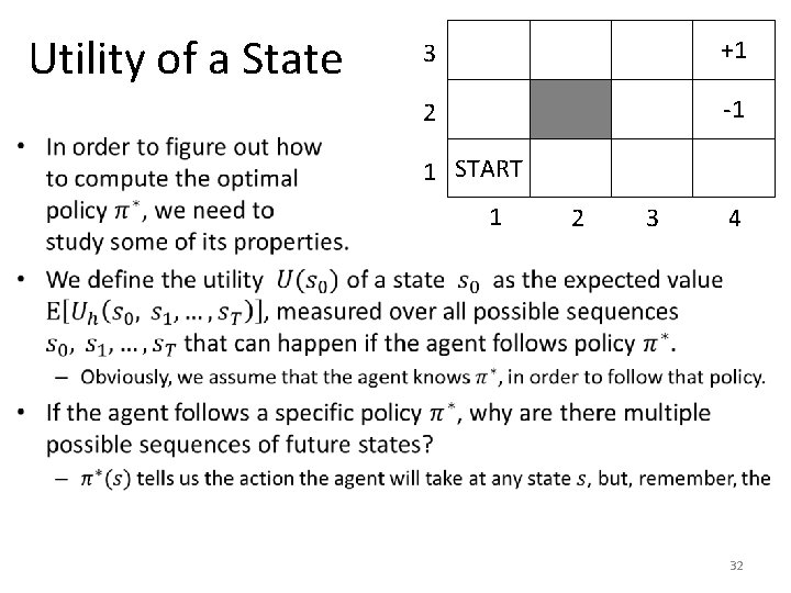 Utility of a State 3 +1 2 -1 1 START 1 2 3 4
