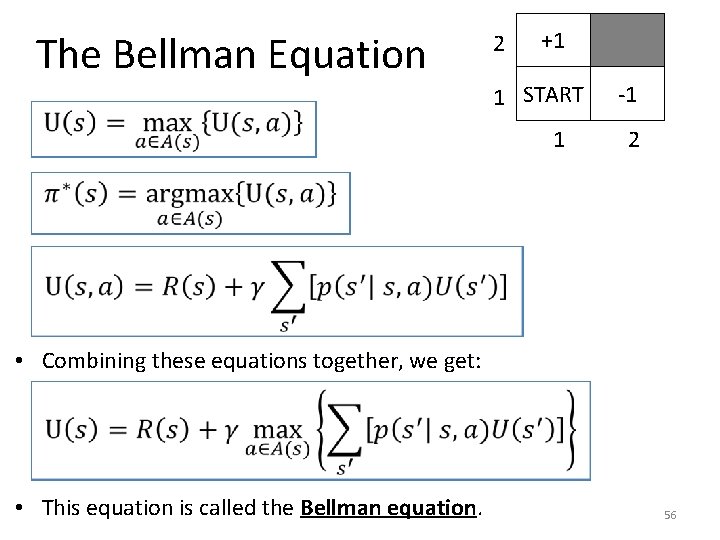 The Bellman Equation 2 +1 1 START 1 -1 2 • Combining these equations