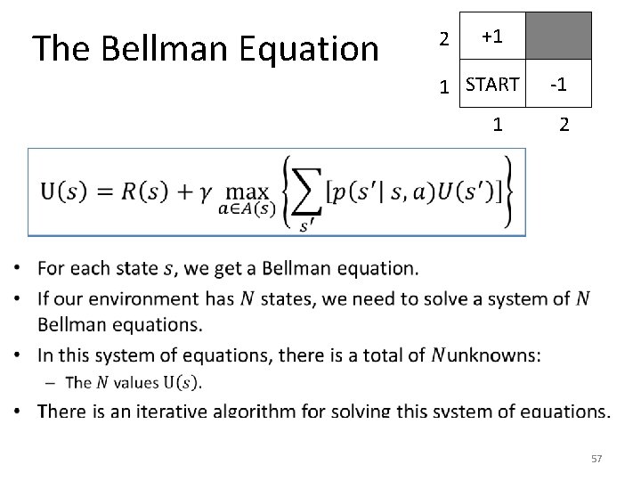 The Bellman Equation 2 +1 1 START 1 -1 2 • 57 