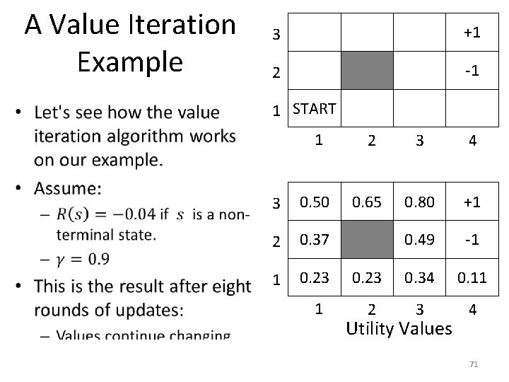 A Value Iteration Example • 3 +1 2 -1 1 START 1 2 3