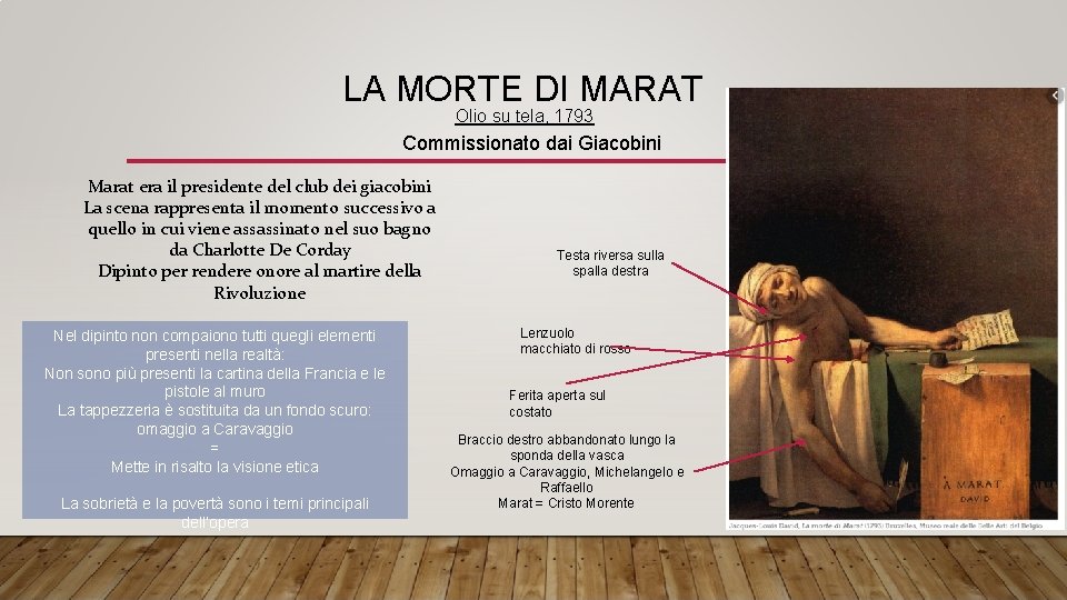 LA MORTE DI MARAT Olio su tela, 1793 Commissionato dai Giacobini Marat era il