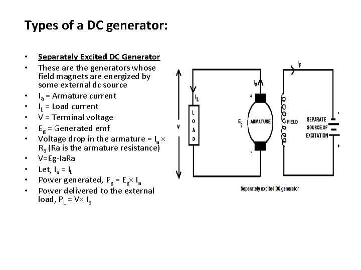 Types of a DC generator: • • • Separately Excited DC Generator These are