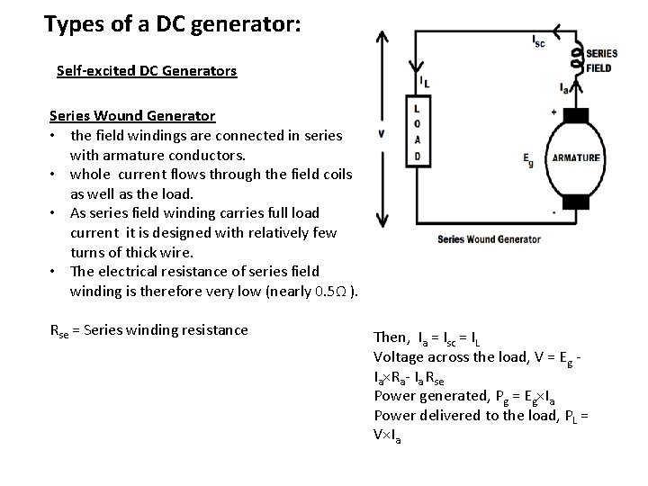 Types of a DC generator: Self-excited DC Generators Series Wound Generator • the field