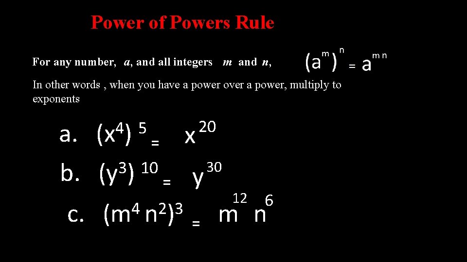 Power of Powers Rule For any number, a, and all integers m and n,