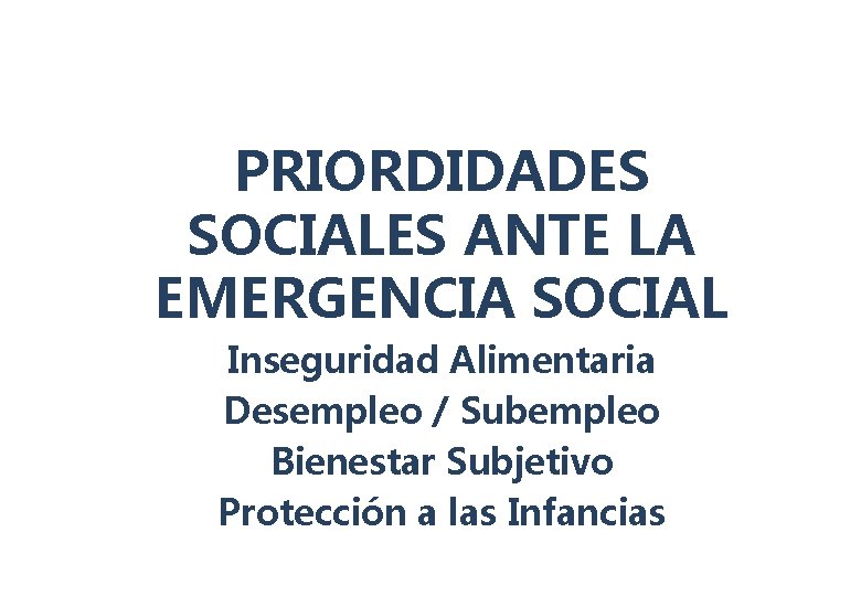 PRIORDIDADES SOCIALES ANTE LA EMERGENCIA SOCIAL Inseguridad Alimentaria Desempleo / Subempleo Bienestar Subjetivo Protección