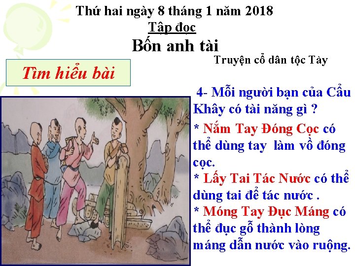 Thứ hai ngày 8 tháng 1 năm 2018 Tập đọc Bốn anh tài Tìm