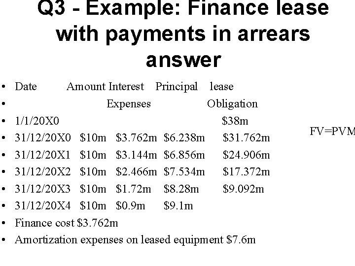 Q 3 - Example: Finance lease with payments in arrears answer • • •