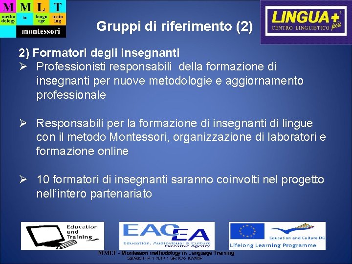 Gruppi di riferimento (2) 2) Formatori degli insegnanti Professionisti responsabili della formazione di insegnanti