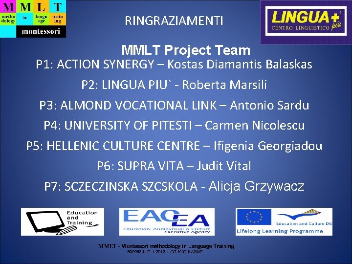 RINGRAZIAMENTI MMLT Project Team P 1: ACTION SYNERGY – Kostas Diamantis Balaskas P 2: