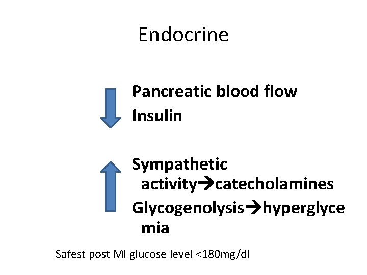 Endocrine Pancreatic blood flow Insulin Sympathetic activity catecholamines Glycogenolysis hyperglyce mia Safest post MI