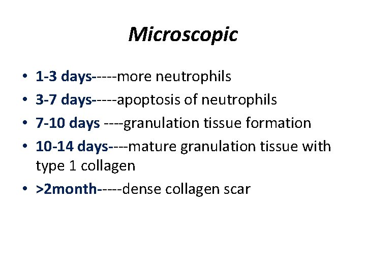 Microscopic 1 -3 days-----more neutrophils 3 -7 days-----apoptosis of neutrophils 7 -10 days ----granulation