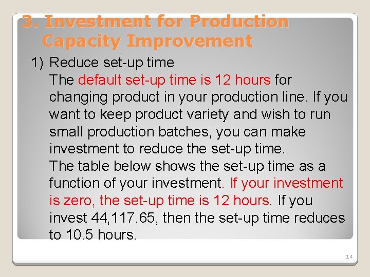 3. Investment for Production Capacity Improvement 1) Reduce set-up time The default set-up time
