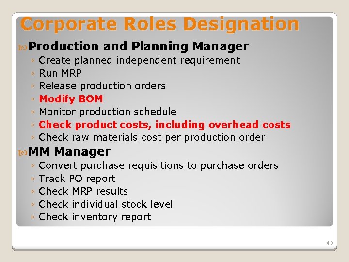 Corporate Roles Designation Production and Planning Manager ◦ Create planned independent requirement ◦ Run
