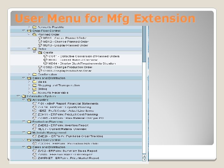 User Menu for Mfg Extension 