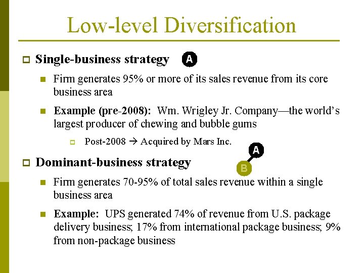 Low-level Diversification p Single-business strategy n Firm generates 95% or more of its sales