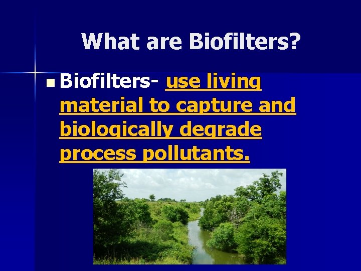 What are Biofilters? n Biofilters- use living material to capture and biologically degrade process