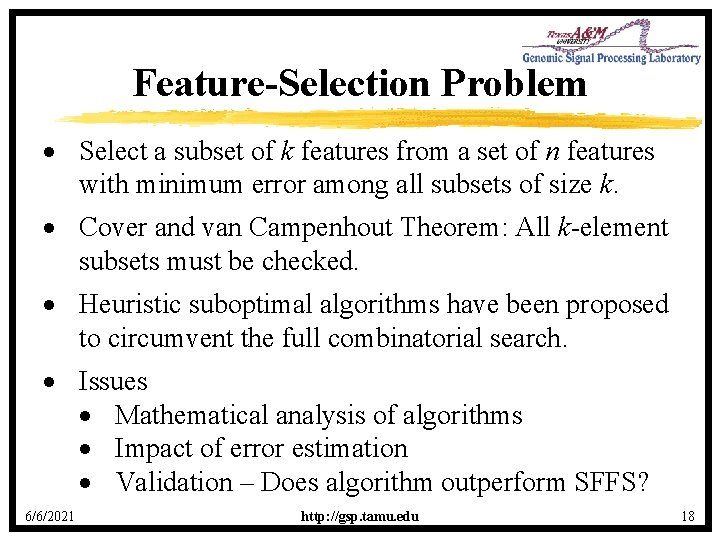 Feature-Selection Problem · Select a subset of k features from a set of n