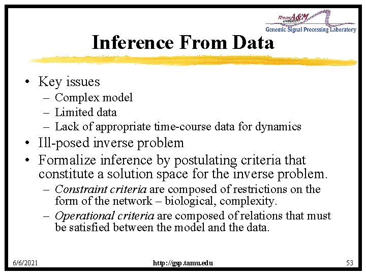 Inference From Data • Key issues – Complex model – Limited data – Lack