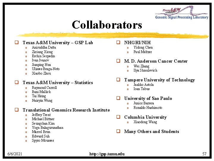 Collaborators q Texas A&M University – GSP Lab q q q q Aniruddha Datta