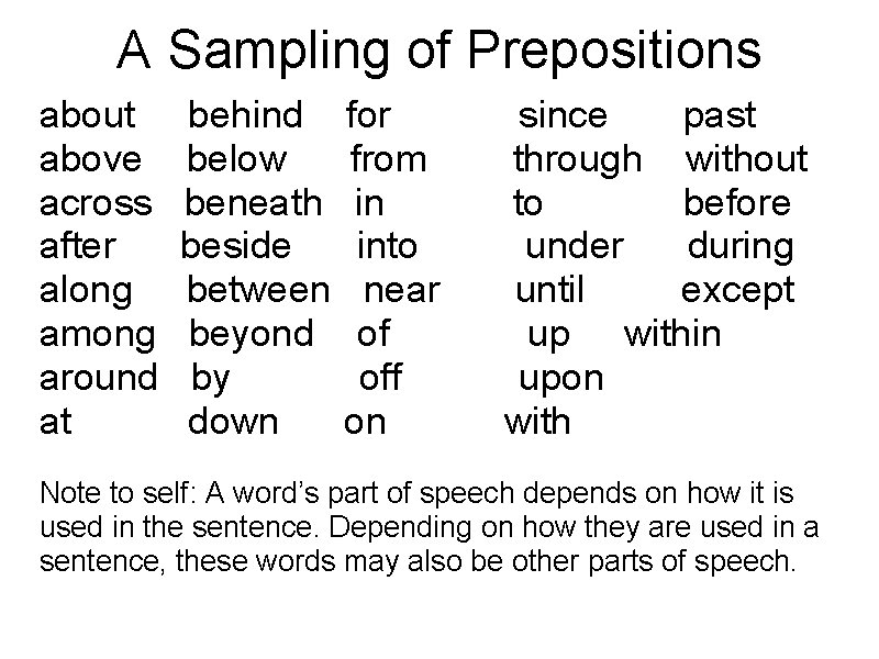 A Sampling of Prepositions about above across after along among around at behind below