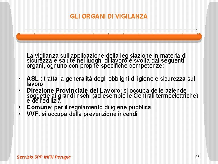 GLI ORGANI DI VIGILANZA La vigilanza sull'applicazione della legislazione in materia di sicurezza e