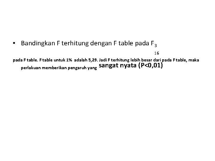  • Bandingkan F terhitung dengan F table pada F 3 16 pada F