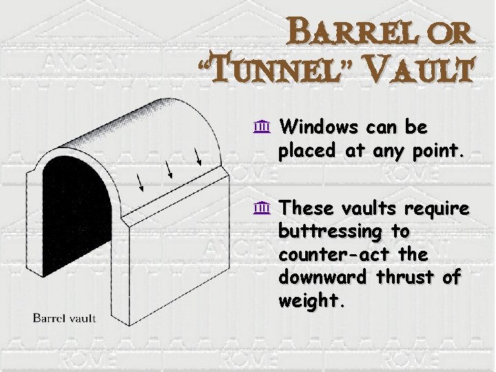Barrel or “Tunnel” Vault K Windows can be placed at any point. K These