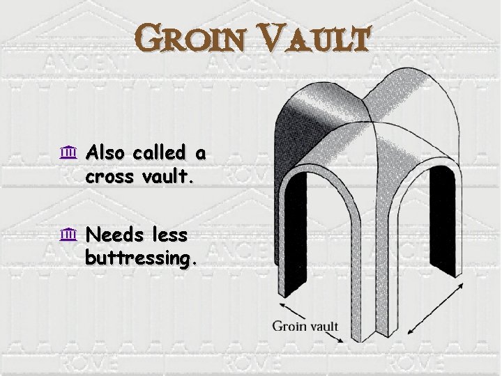 Groin Vault K Also called a cross vault. K Needs less buttressing. 