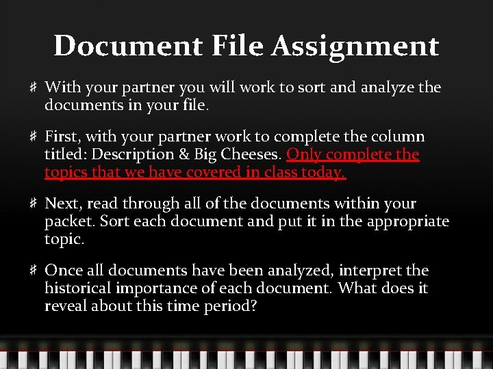 Document File Assignment With your partner you will work to sort and analyze the