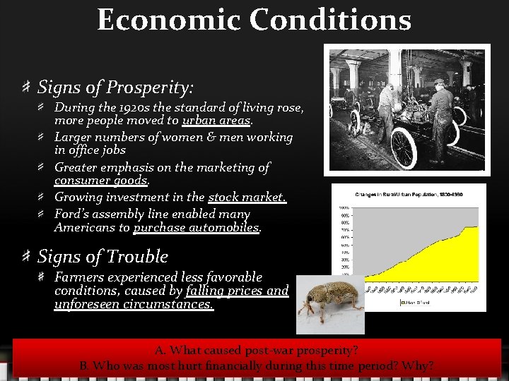 Economic Conditions Signs of Prosperity: During the 1920 s the standard of living rose,