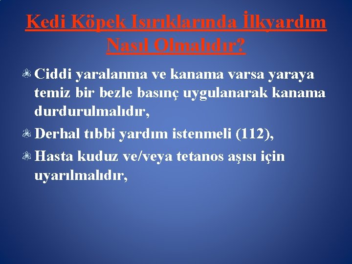 Kedi Köpek Isırıklarında İlkyardım Nasıl Olmalıdır? Ciddi yaralanma ve kanama varsa yaraya temiz bir