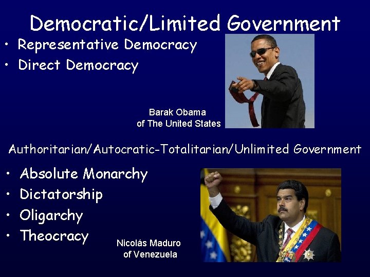 Democratic/Limited Government • Representative Democracy • Direct Democracy Barak Obama of The United States