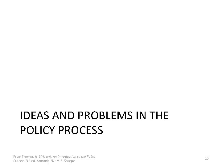 IDEAS AND PROBLEMS IN THE POLICY PROCESS From Thomas A. Birkland, An Introduction to