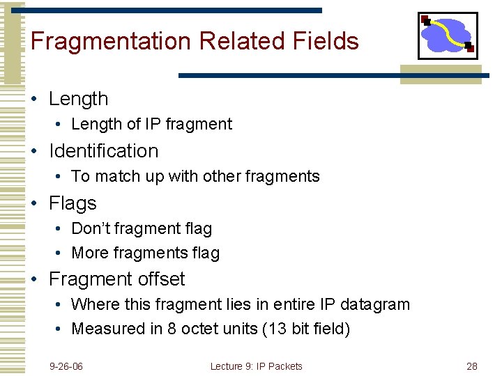 Fragmentation Related Fields • Length of IP fragment • Identification • To match up