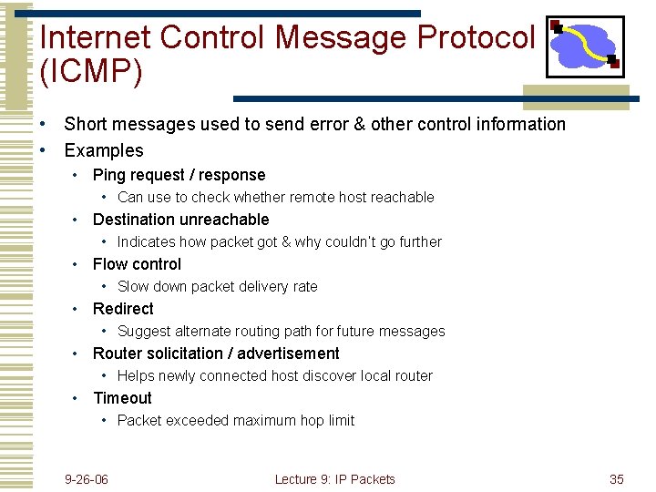 Internet Control Message Protocol (ICMP) • Short messages used to send error & other