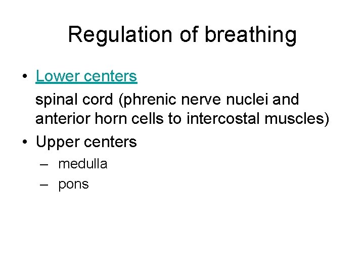 Regulation of breathing • Lower centers spinal cord (phrenic nerve nuclei and anterior horn