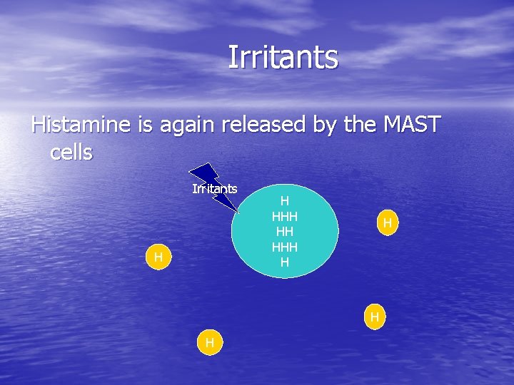 Irritants Histamine is again released by the MAST cells Irritants H H HHH H