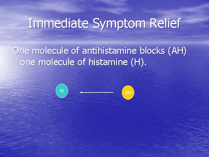 Immediate Symptom Relief One molecule of antihistamine blocks (AH) one molecule of histamine (H).
