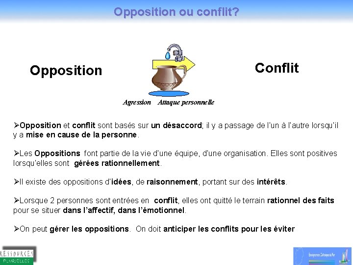 Opposition ou conflit? Conflit Opposition Agression Attaque personnelle ØOpposition et conflit sont basés sur Opposition ou conflit? Conflit Opposition Agression Attaque personnelle ØOpposition et conflit sont basés sur
