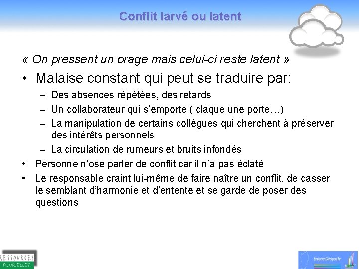 Conflit larvé ou latent « On pressent un orage mais celui-ci reste latent » Conflit larvé ou latent « On pressent un orage mais celui-ci reste latent »