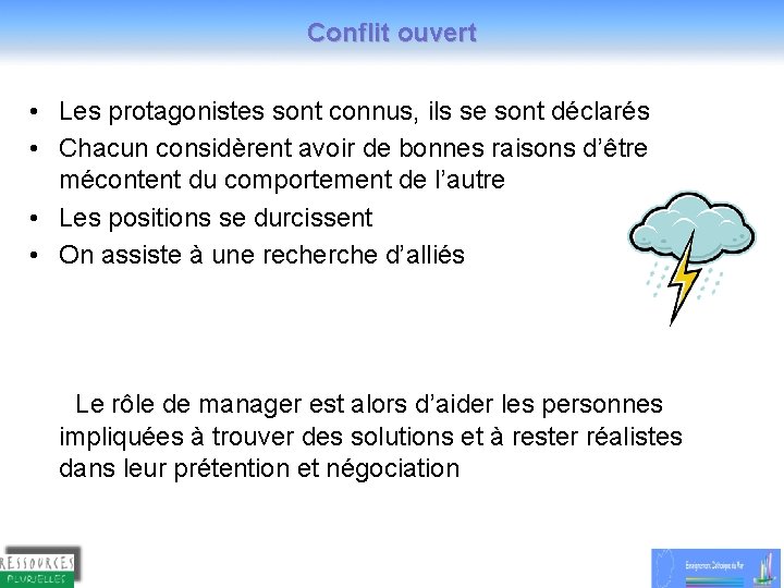 Conflit ouvert • Les protagonistes sont connus, ils se sont déclarés • Chacun considèrent Conflit ouvert • Les protagonistes sont connus, ils se sont déclarés • Chacun considèrent
