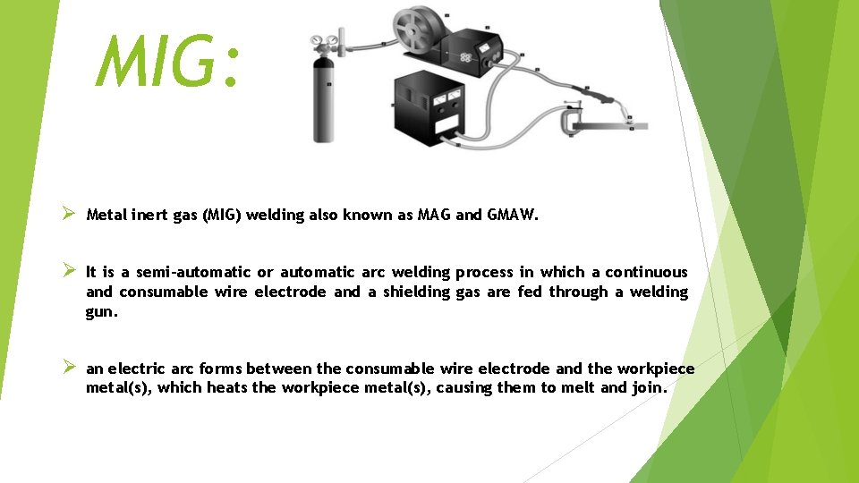 MIG: Metal inert gas (MIG) welding also known as MAG and GMAW. It is