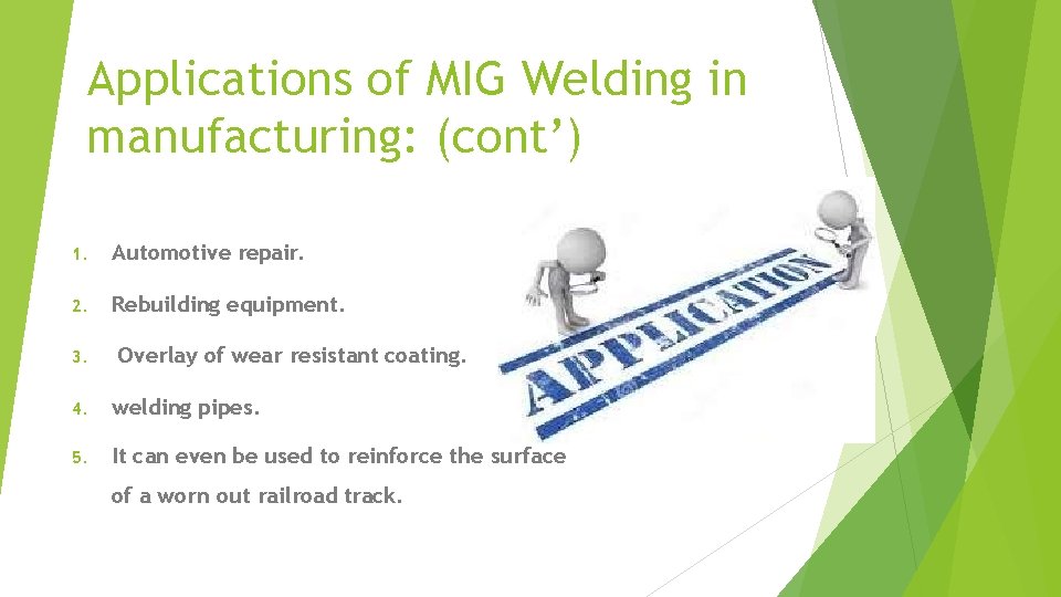 Applications of MIG Welding in manufacturing: (cont’) 1. Automotive repair. 2. Rebuilding equipment. 3.