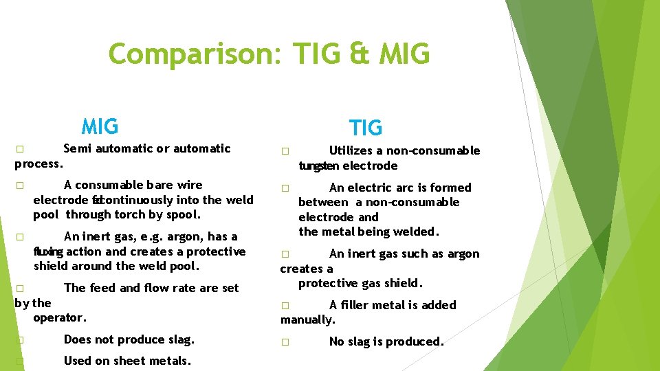 Comparison: TIG & MIG Semi automatic or automatic � process. � A consumable bare