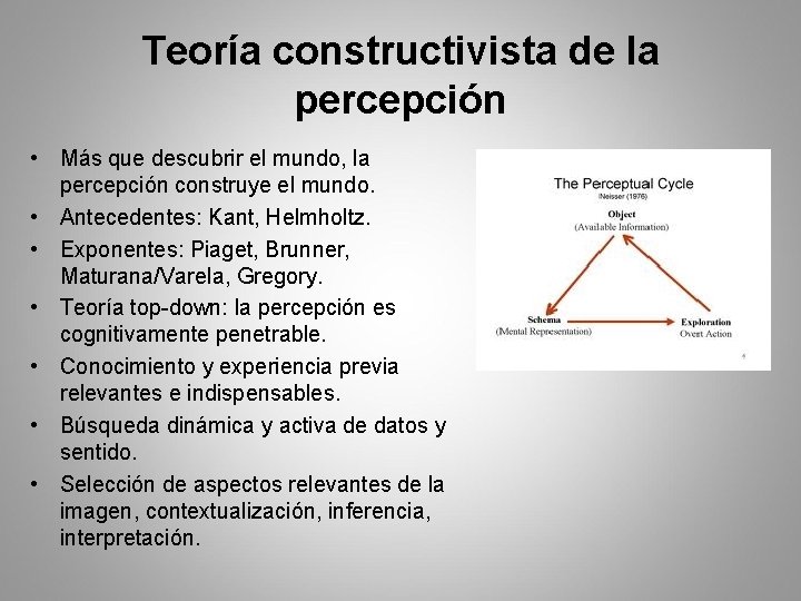 Teoría constructivista de la percepción • Más que descubrir el mundo, la percepción construye