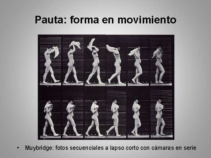 Pauta: forma en movimiento • Muybridge: fotos secuenciales a lapso corto con cámaras en