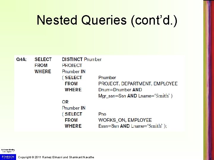 Nested Queries (cont’d. ) Copyright © 2011 Ramez Elmasri and Shamkant Navathe 