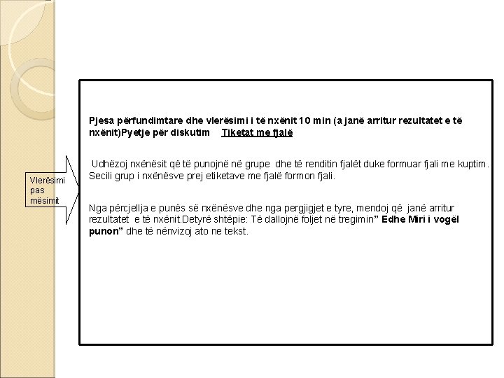 Pjesa përfundimtare dhe vlerësimi i të nxënit 10 min (a janë arritur rezultatet e